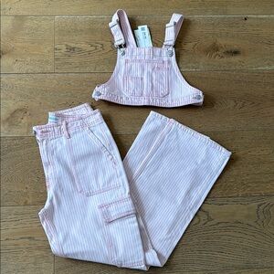 Zara Pink Striped Crop Overalls with Wide-Leg Pants